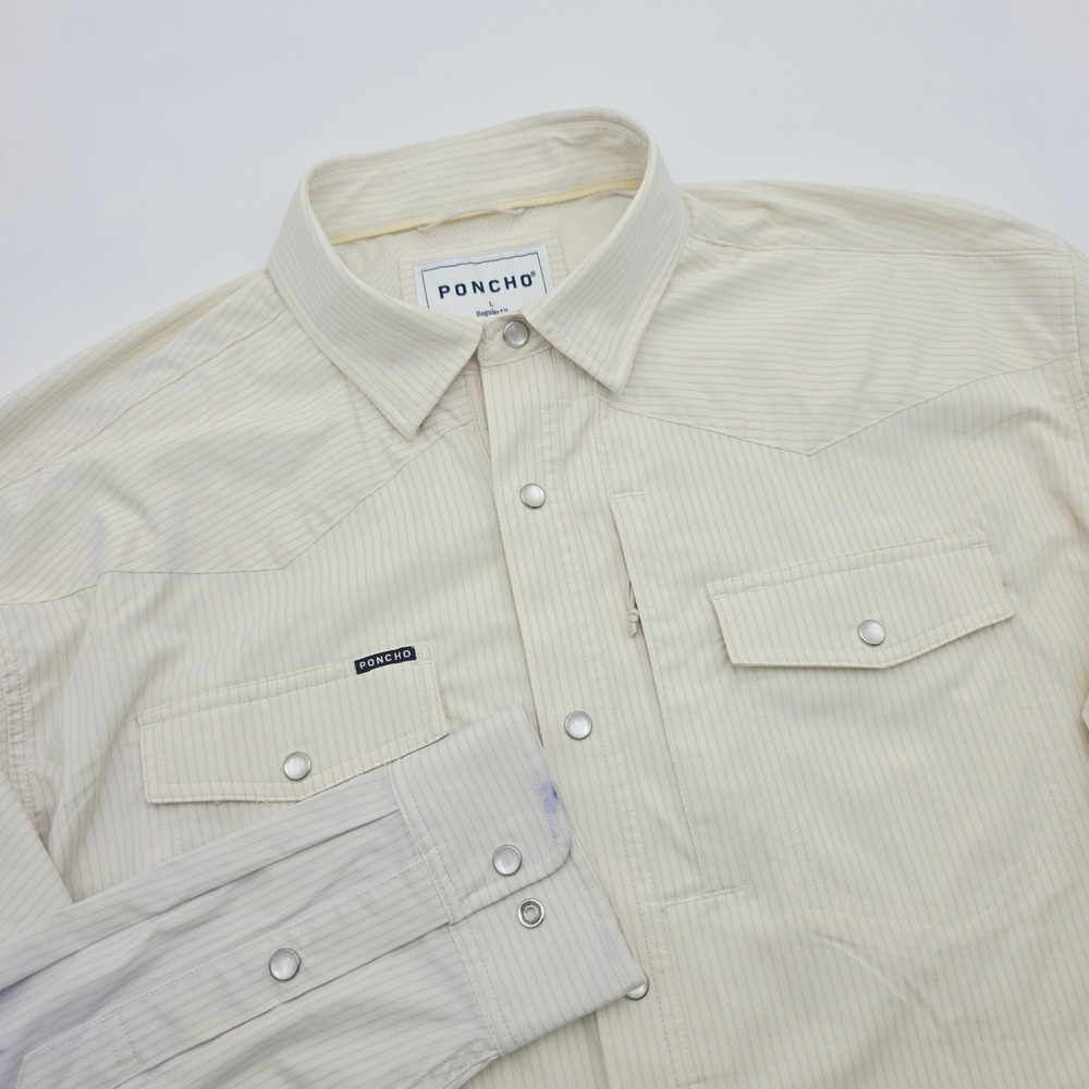 Poncho Outdoors Mens Large Western Pearl Snap Fishing Shirt Pinstripe Cream Tan